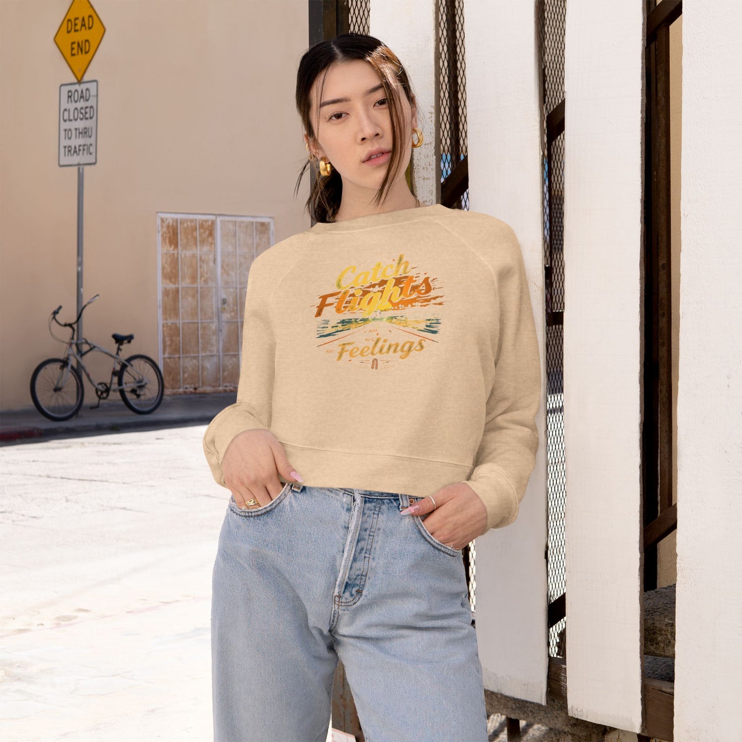 Catch Flights Feelings Cropped Pullover, Trendy Fleece Sweatshirt, Travel-Inspired Top, Stylish Layering Piece, Perfect Gift for Adventurers