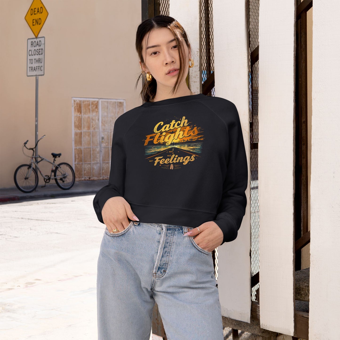 Catch Flights Feelings Cropped Pullover, Trendy Fleece Sweatshirt, Travel-Inspired Top, Stylish Layering Piece, Perfect Gift for Adventurers